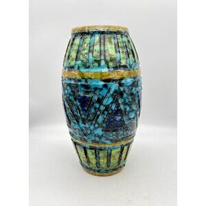 Mid-Century Modern Italian Pottery Vase Blue Green Glaze Geometric Sgraffito